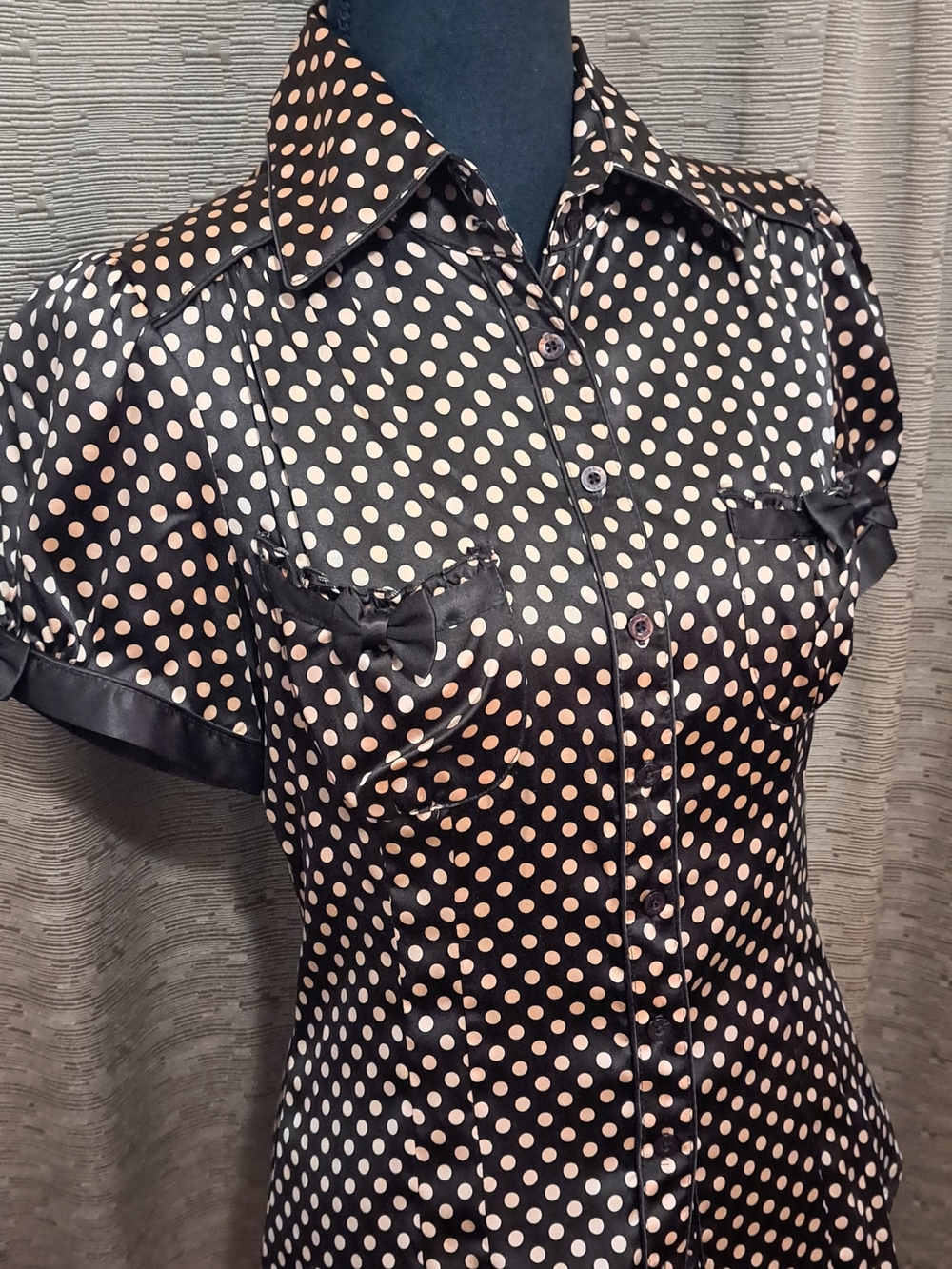 bebe Brown Silk blend Blouse with Tan Polka Dots